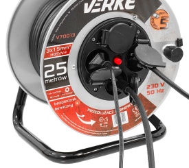 Prelungitor electric pe tambur metalic 25 m, 4 prize, cablu cupru 3x1,5 mm², protecție termică, MaxRom V70013 - Img 5