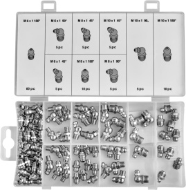 Set 110 nipluuri de ungere și smarowniczki KraftDele KD10507, M6/M8/M10, drepte, 45° și 90°, în cutie organizatoare - Img 3