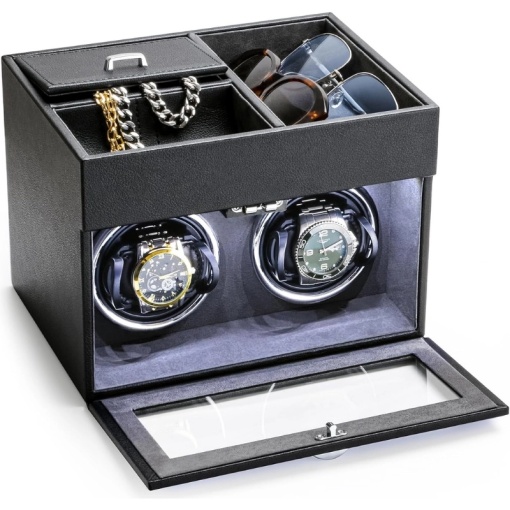 Кутия за Навиване на Часовници iUni, Watch Winder 2 + 3 Отделения за Аксесоари, Еко Кожа, Черно-Сиво