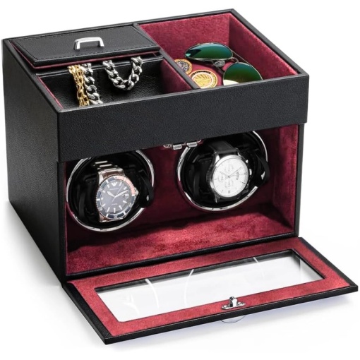 Кутия за Навиване на Часовници iUni, Watch Winder 2 + 3 Отделения за Аксесоари, Еко Кожа, Черно-Червен