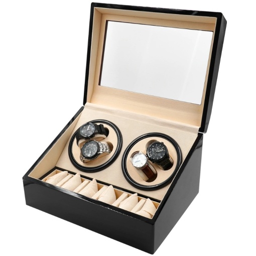 Кутия за Навиване на Часовници iUni, Watch Winder 4 + 6 Места за Съхранение, Черно-Кремава