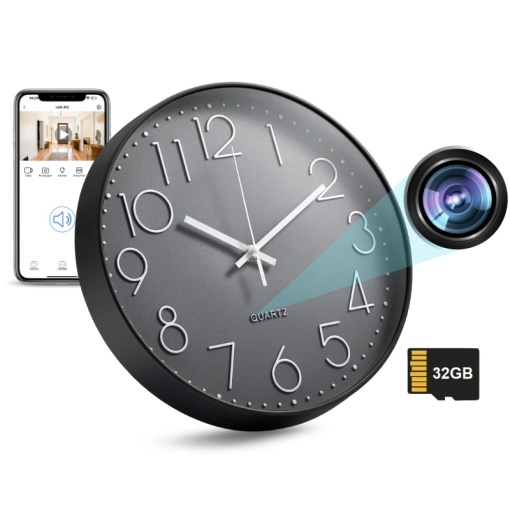 Мини камера iUni W31, Стенен часовник, 32GB, Wi-Fi, Full HD, Преглед на живо на телефон, черен