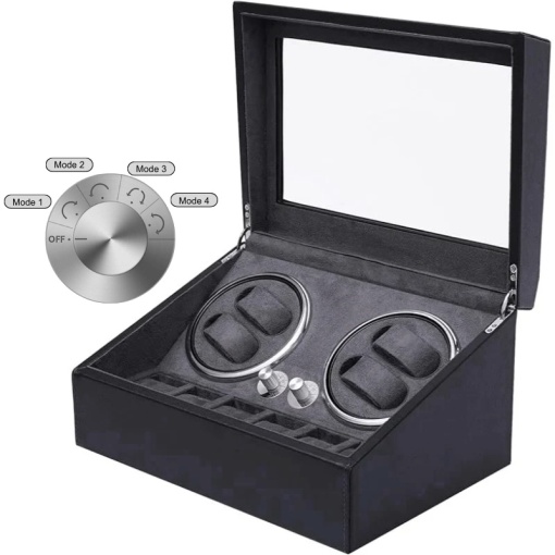 iUni Watch Winder 4 + 6 места за съхранение, еко кожа, черен