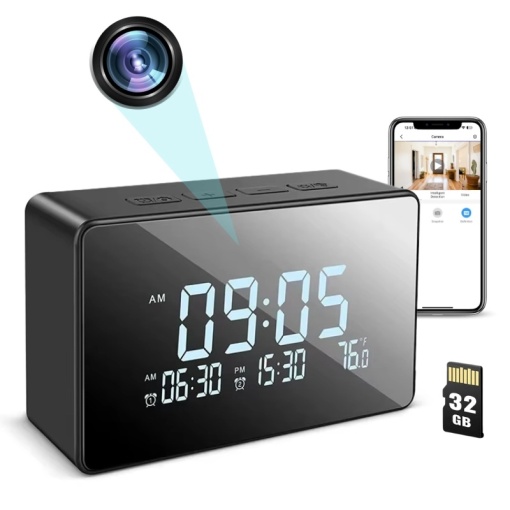 Настолен часовник със шпионска камера iUni IP61, Full HD, 32GB, Wi-Fi, нощно виждане, термометър