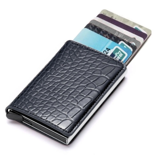 Портфейл iUni P1, RFID, слот за 6 карти, крокодил принт, черен