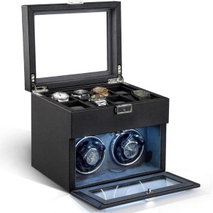 iUni Кутия за Навиване на Часовници, Watch Winder 2 + 8 Места за Съхранение, Еко Кожа, Черно-Сив