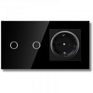iUni 2Y Tempered Glass Double Touch Switch & Wall Socket, LED, Black