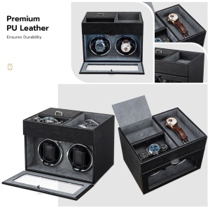 Кутия за Навиване на Часовници iUni, Watch Winder 2 + 3 Отделения за Аксесоари, Еко Кожа, Черно-Сиво - Img 10