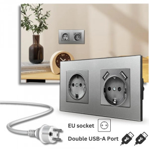 Doppelsteckdose mit geschützter Glasblende, 2 USB-A-Anschlüsse, iUni US2, 16 A, silberfarben - Img 2