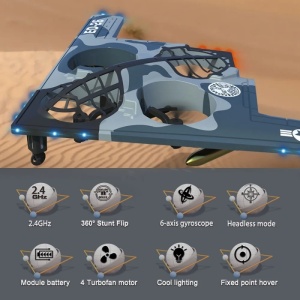 iUni E0-26 Op afstand bestuurbare vliegtuig, Stealth-bommenwerper, 360°-acrobatiek, Gyroscoop, Schokbestendig, LED-verlichting, Blauw - Img 7
