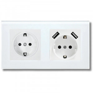 iUni US2 Tempered Glass Double Wall Socket, 2 USB-A Ports, 16A, White