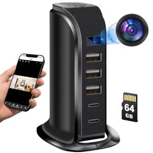 Spionagekamera in der iUni IP91 Ladestation, 64 GB, WLAN, Full HD, Bewegungssensor, 20 W, 2 Typ-C-Anschlüsse, 3 USB-A-Anschlüsse