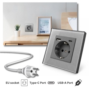 Стенен контакт с рамка от закалено стъкло, USB-A и USB-C портове, iUni UC2, 16A, сребрист - Img 3