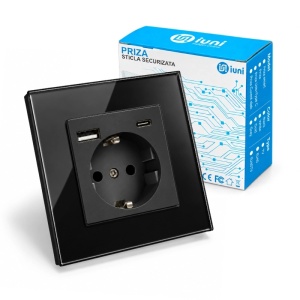 Стенен контакт с рамка от закалено стъкло, USB-A и USB-C портове, iUni UC2, 16A, черен