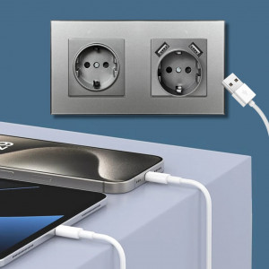 Doppelsteckdose mit geschützter Glasblende, 2 USB-A-Anschlüsse, iUni US2, 16 A, silberfarben - Img 3