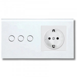 iUni 3Y Tempered Glass Triple Touch Switch & Wall Socket, LED, White