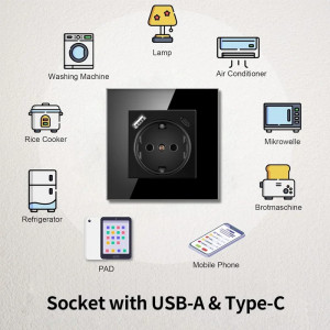 Стъклена рамка, защитен щепсел, портове USB-A и USB-C, iUni UC1, 16A, черен - Img 6