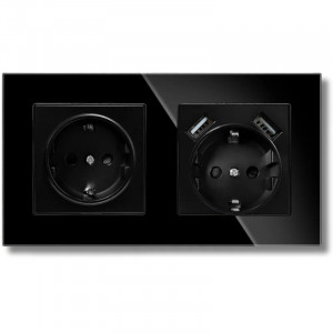 Doppelsteckdose mit geschützter Glasblende, 2 USB-A-Anschlüsse, iUni US2, 16 A, schwarz