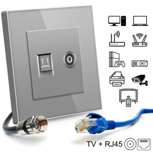 Телевизионен + интернет контакт RJ45, Cat6, рамка от закалено стъкло, iUni TDS, сребрист - Img 2