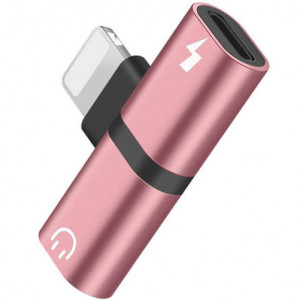iUni mini-adapter, splitter met twee poorten, Lightning, voor oortjes en opladen van de iPhone, roségoud - Img 2