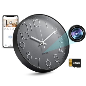 iUni W31 minicamera, wandklok, 32 GB, wifi, Full HD, liveweergave op de telefoon, zwart