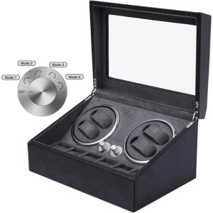 iUni Watch Winder 4 + 6 места за съхранение, еко кожа, черен - Img 1