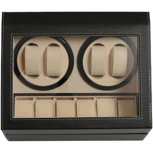 iUni Watch Winder for 4 Watches + 6 Storage Spaces, PU Leather, Black-Cream - Img 3