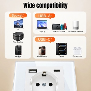 Wandsteckdose mit Rahmen aus gehärtetem Glas, USB-A- und USB-C-Anschlüssen, iUni UC2, 16A - Img 7