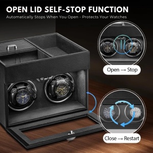 Κουτί για το τύλιγμα ρολογιών iUni, Watch Winder με 2 + 3 θήκες για αξεσουάρ, οικολογικό δέρμα, μαύρο-γκρι - Img 4