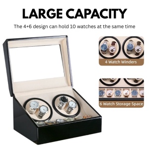Кутия за Навиване на Часовници iUni, Watch Winder 4 + 6 Места за Съхранение, Черно-Кремава - Img 2
