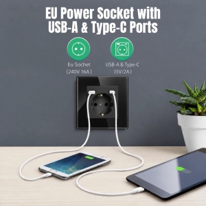 Стенен контакт с рамка от закалено стъкло, USB-A и USB-C портове, iUni UC2, 16A, черен - Img 4