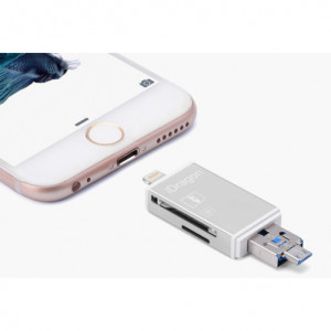 Четец на карти iUni Lightning + MicroUSB OTG, Външна памет за устройства iOS и Android, Сребрист - Img 3