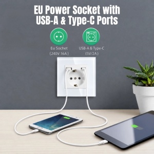 Wandsteckdose mit Rahmen aus gehärtetem Glas, USB-A- und USB-C-Anschlüssen, iUni UC2, 16A - Img 4