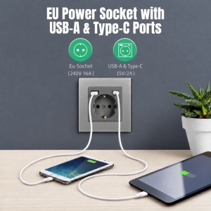 Wandsteckdose mit Rahmen aus gehärtetem Glas, USB-A- und USB-C-Anschlüssen, iUni UC2, 16A, silberfarben - Img 4