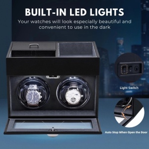 Кутия за Навиване на Часовници iUni, Watch Winder 2 + 3 Отделения за Аксесоари, Еко Кожа, Черно-Сиво - Img 5