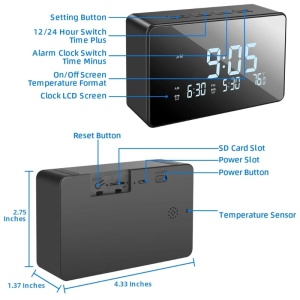 iUni IP61 tafelklok met verborgen camera, Full HD, 32 GB, wifi, nachtzicht, thermometer - Img 11