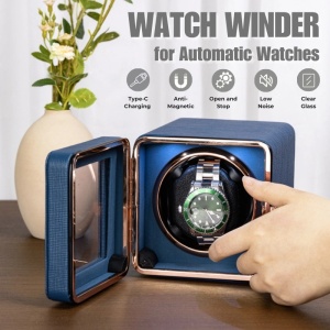 iUni Opwinddoos voor automatische horloges, Watch Winder, Eco-leer, Blauw - Img 2