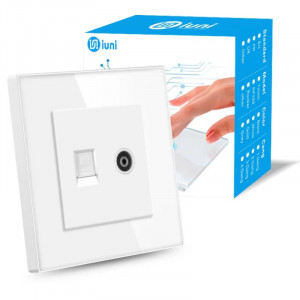 iUni TDS Wall Socket with TV & RJ45 Cat6 Ports, Tempered Glass Panel, White