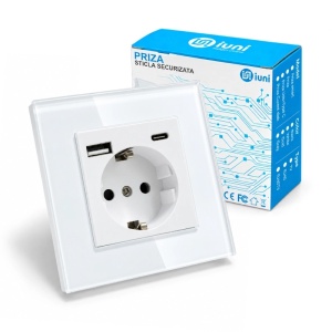 Wandcontactdoos met een frame van gehard glas, USB-A- en USB-C-poorten, iUni UC2, 16A