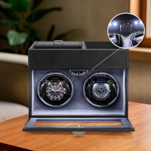 Кутия за Навиване на Часовници iUni, Watch Winder 2 + 3 Отделения за Аксесоари, Еко Кожа, Черно-Сиво - Img 6