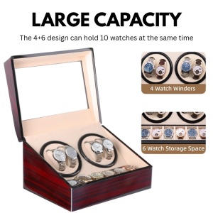 Кутия за Навиване на Часовници iUni, Watch Winder 4 + 6 Места за Съхранение, Махагон-Крем - Img 2