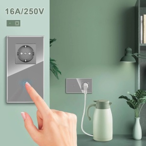 Сензорен ключ и гнездо, рамка от закалено стъкло, iUni 1Y, LED, сребрист - Img 2