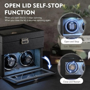 iUni Κουτί για το τύλιγμα ρολογιών, Watch Winder με 2 θέσεις για το τύλιγμα και 8 θέσεις αποθήκευσης, οικολογικό δέρμα, μαύρο-γκρι - Img 8