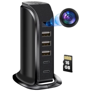 Spionagekamera in der iUni IP91 Ladestation, 16 GB, WLAN, Full HD, Bewegungssensor, 20 W, 2 Typ-C-Anschlüsse, 3 USB-A-Anschlüsse