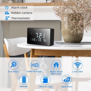 Tischuhr mit versteckter Kamera iUni IP61, Full HD, 32 GB, WLAN, Nachtsicht, Thermometer - Img 2