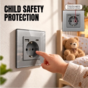 Wandcontactdoos met een frame van gehard glas, USB-A- en USB-C-poorten, iUni UC2, 16A, zilverkleurig - Img 8