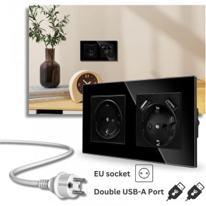 Двоен контакт със защитена стъклена рамка, 2 порта USB-A, iUni US2, 16A, черен - Img 2