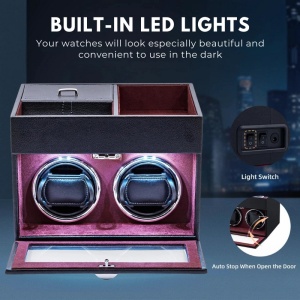 Кутия за Навиване на Часовници iUni, Watch Winder 2 + 3 Отделения за Аксесоари, Еко Кожа, Черно-Червен - Img 5