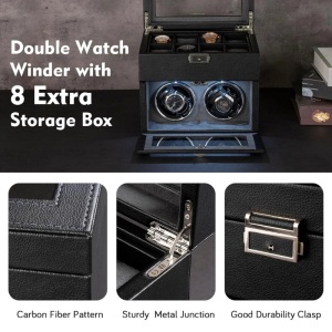 iUni Κουτί για το τύλιγμα ρολογιών, Watch Winder με 2 θέσεις για το τύλιγμα και 8 θέσεις αποθήκευσης, οικολογικό δέρμα, μαύρο-γκρι - Img 9