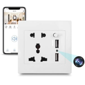 iUni PR2 spionagecamera, universele wandcontactdoos, wifi, Full HD, 2 USB-A-poorten, MicroSD-kaartsleuf